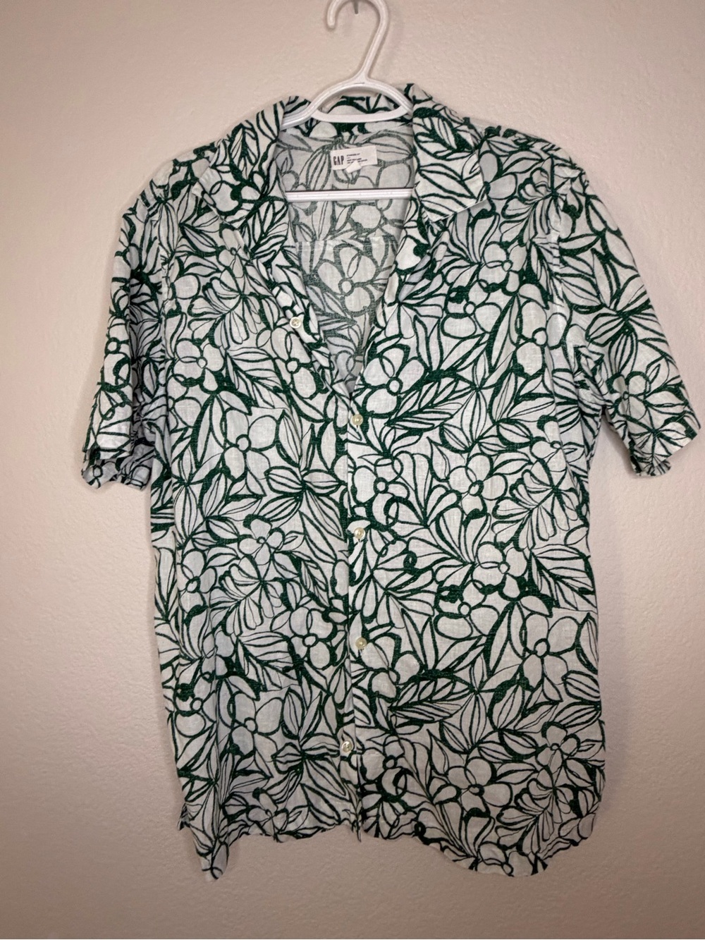 GAP Men’s Large Linen Cotton Floral Button Up Shirt Green White